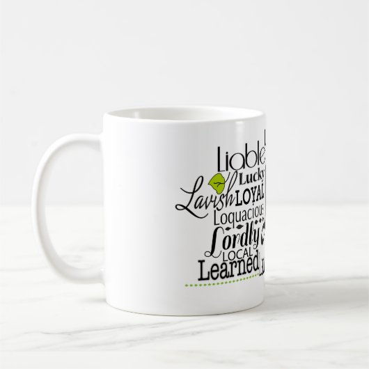 文字Lで始まる形容詞の単語クラウド コーヒーマグカップ (左)