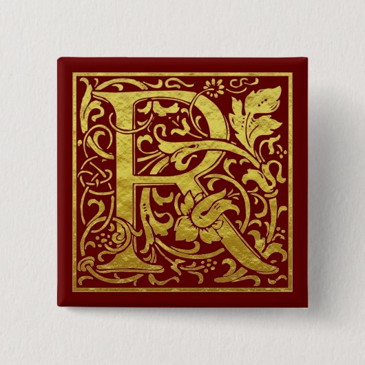 文字R先頭文字フェイク金ゴールド赤 缶バッジ (正面)