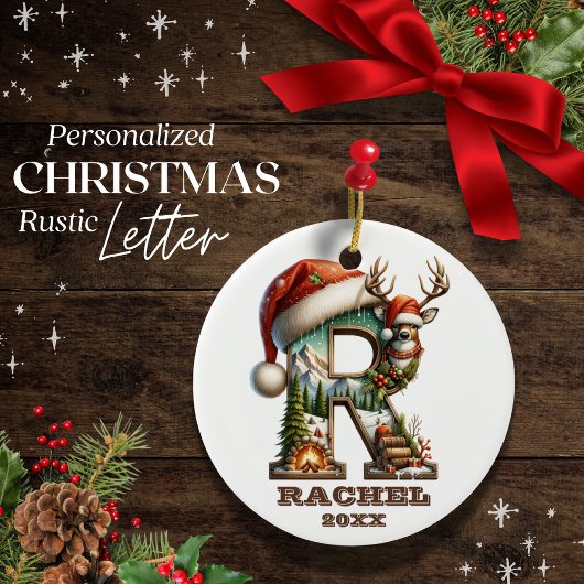 文字R素朴クリスマスのReindeerパーソナル化可能 セラミックオーナメント