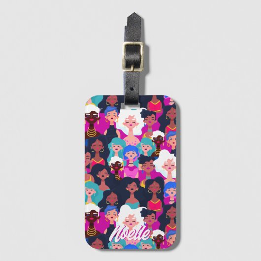  – 文数々の化女性の顔パターン、あなたの名前 ラゲッジタグ (正面縦)