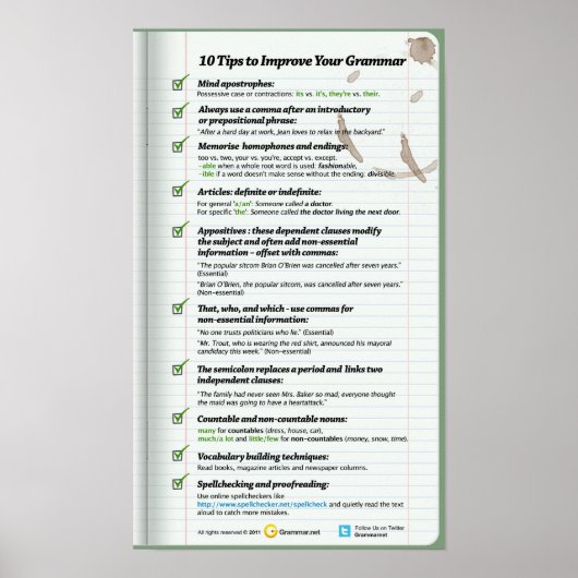 文法を改善するための10のヒント ポスター (正面)