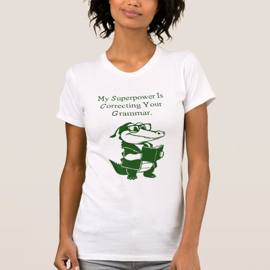 文法スーパーパワー おもしろ 英語教師 デザイン Tシャツ (正面)