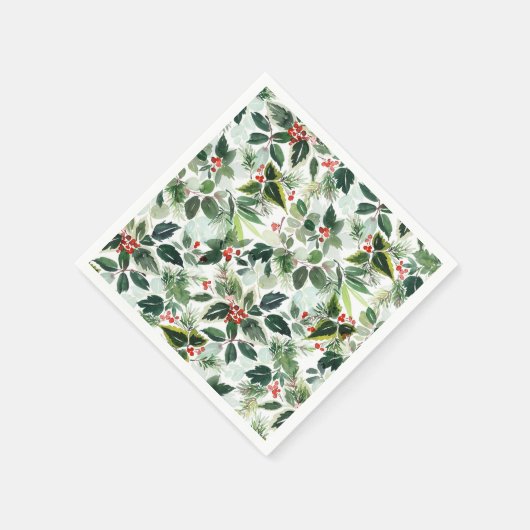 斑入り赤ウィンターベリーパターンクリスマス スタンダードカクテルナプキン (角)