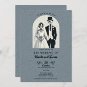 斑点のある灰色のスケルトン結婚ハロウィーンゴシック 招待状 (正面/裏面)