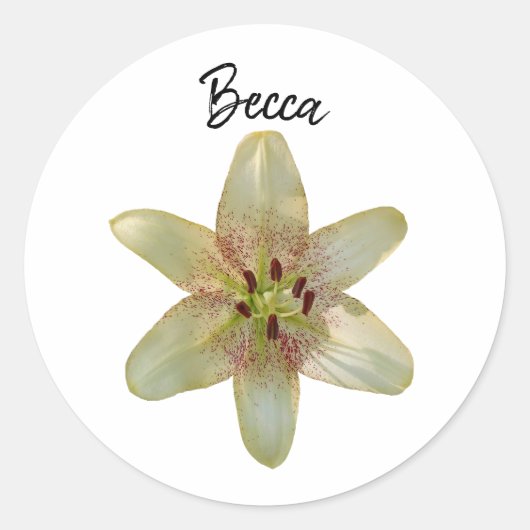 斑点のある黄色いユリパーソナライズされた花 ラウンドシール (正面)