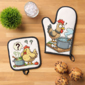 料理おもしろいチキンエプロン – 鶏スープ作り 鍋つかみ&鍋敷きセット (トップダウン)