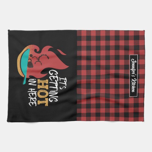 料理おもしろいプン熱い赤い黒い格子縞が出ている キッチンタオル (横)