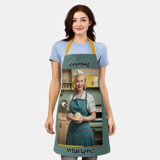 料理とラブブルー大人エプロン黄色のストラップ エプロン (着用した状態)