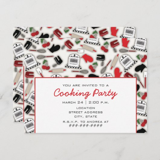料理のパーティの招待状-ヴィンテージの魅力の台所 招待状 (正面/裏面)