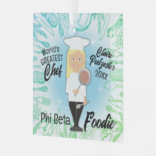 料理の卒業生ブロンド女性シェフのクリスマスツリー ガラスオーナメント (正面左)