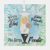 料理の卒業生ブロンド女性シェフのクリスマスツリー ガラスオーナメント (正面)