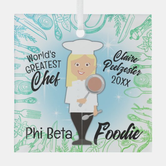 料理の卒業生ブロンド女性シェフのクリスマスツリー ガラスオーナメント (正面)