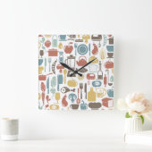 料理アイコンが付いているパターン スクエア壁時計 (ホーム)