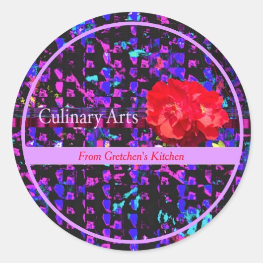 料理アーツパープル抽象芸術パターン付き/レッドローズ ラウンドシール (正面)