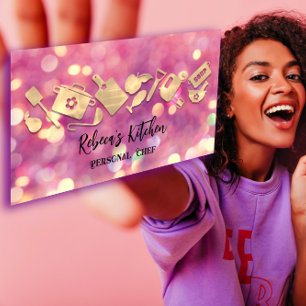 料理シェフレストランケータリングロゴQRコードピンク 名刺