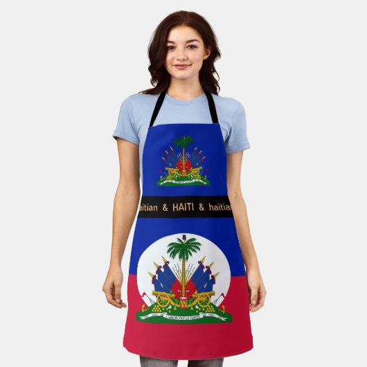 料理ハイチ&ハイチ国旗のシェフキッチン エプロン (着用した状態)