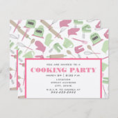 料理パーティの招待状-ピンク&グリーンキッチン 招待状 (正面/裏面)