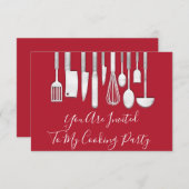 料理パーティーシェフキッチンホワイトグレーレッドグレー 招待状 (正面/裏面)