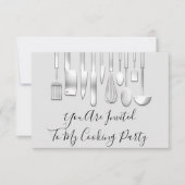 料理パーティーシェフキッチン レストラン ホワイト シルバー 招待状 (正面)