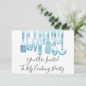 料理パーティーシェフゴールデンキッチンブルーホワイト 招待状 (スタンド正面)