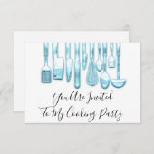 料理パーティーシェフゴールデンキッチンブルーホワイト 招待状 (正面/裏面)