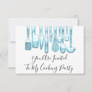 料理パーティーシェフゴールデンキッチンブルーホワイト 招待状