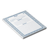 料理レシピと聖なるモチーフの青いタイルのフレーム ノートパッド (アングル)