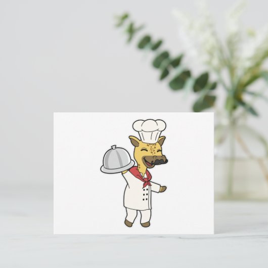 料理人としてのキリン 料理用エプロンと盛り皿付き ポストカード (スタンド正面)