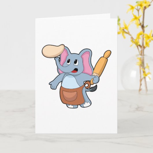 料理人としての象と、ころころ転がるピンの丸いパン生地 カード (黄色い花)