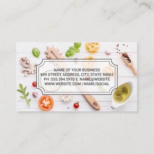 料理人 | 木製卓上の食べ物 名刺 (裏面)