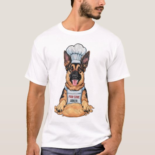 料理犬:パンとドイツのパンのシェパード Tシャツ (正面)