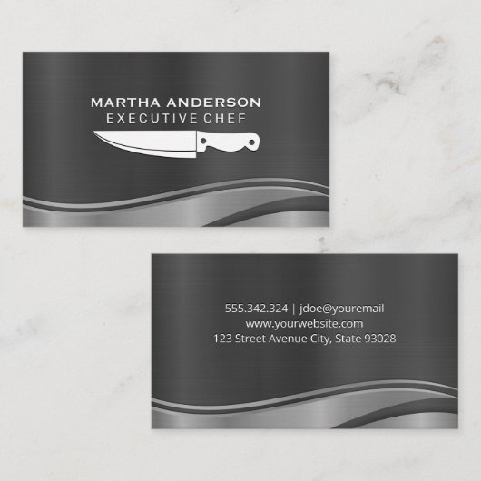 料理用ナイフ |金属ブラシ付き波の背景 名刺 (正面/裏面)