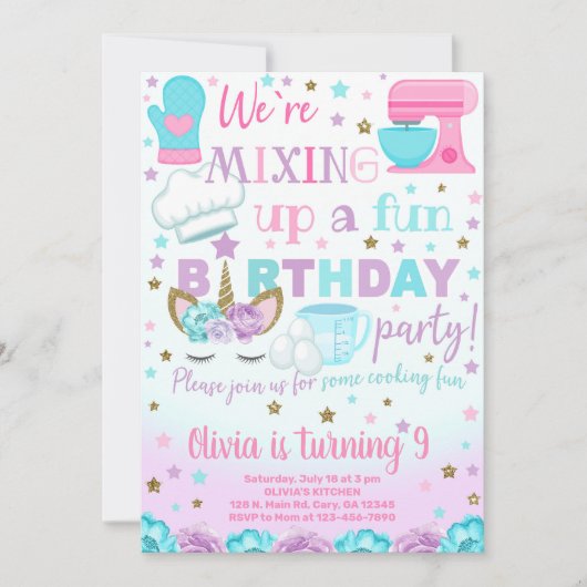料理、お菓子作りとユニコーンの女の子の誕生日招待状 招待状 (正面)