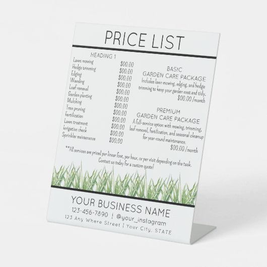 料金表サービスガーデンと芝生気に 台座サイン (正面)