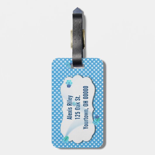 斜めに切った上に風の花を持つアクアギンガムラベル ラゲッジタグ (裏面縦)