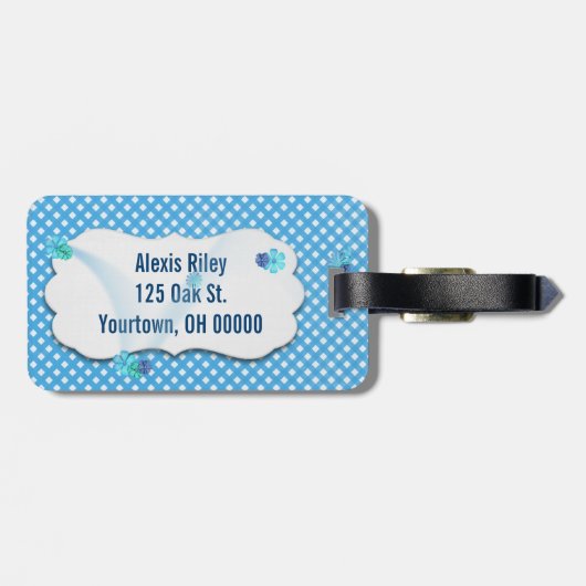 斜めに切った上に風の花を持つアクアギンガムラベル ラゲッジタグ (裏面横)