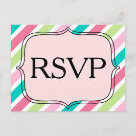 斜めのピンクとブルーのストライプのRSVP インビテーションポストカード