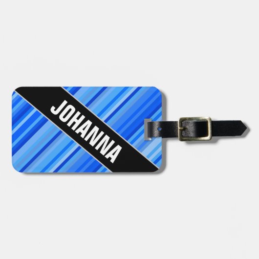 斜めの名前 + 青いパターン荷物のラベルのストライプ ラゲッジタグ (正面横)