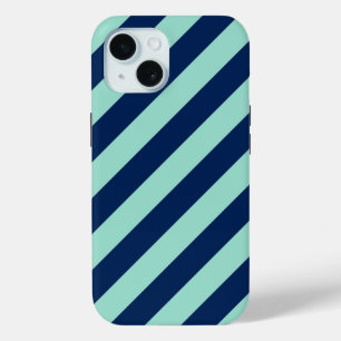 斜めミントグリーンとネイビーブルーのストライプ iPhone 15ケース