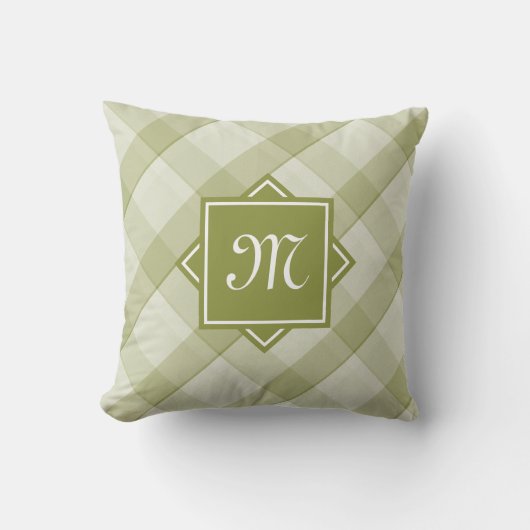 斜めモノグラムを備えたシックなモダングリーンプレイド クッション (正面)