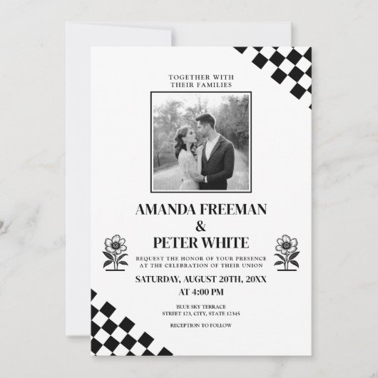 斜め黒いはっきりした花市松模様にの結婚 招待状 (正面)