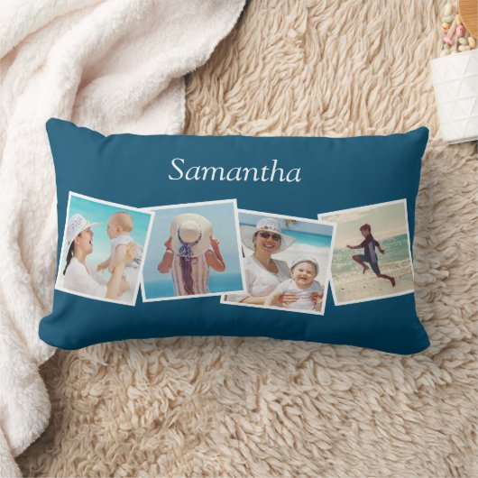 斜め4枚フォトコラージュパーソナライズされたのカスタム色 ランバークッション (ブランケット)