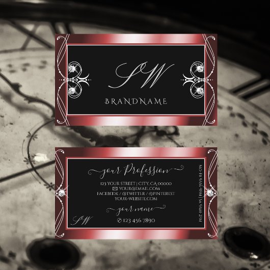 斜角ブラックレッドダイアモンズきらめくモノグラム 名刺