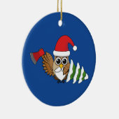 斧と雪の松の木のクリスマスフクロウ セラミックオーナメント (右)