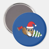 斧と雪の松の木のクリスマスフクロウ マグネット (正面/裏面)