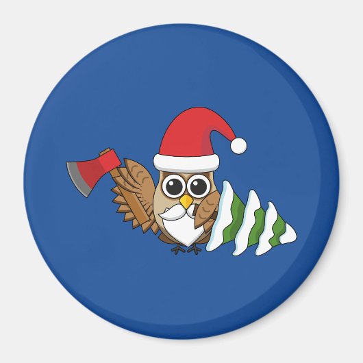 斧と雪の松の木のクリスマスフクロウ マグネット (正面)