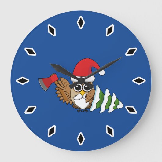 斧と雪の松の木のクリスマスフクロウ ラージ壁時計 (正面)