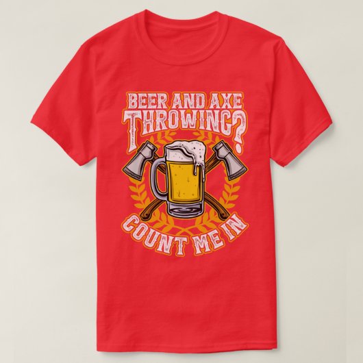 斧の投げビールのハッおもしろいト Tシャツ (デザイン正面)