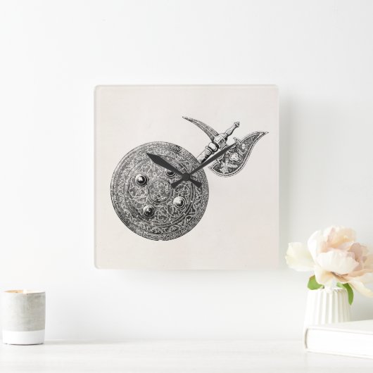 斧の盾の装甲中世武器紋章付き外衣 スクエア壁時計 (ホーム)