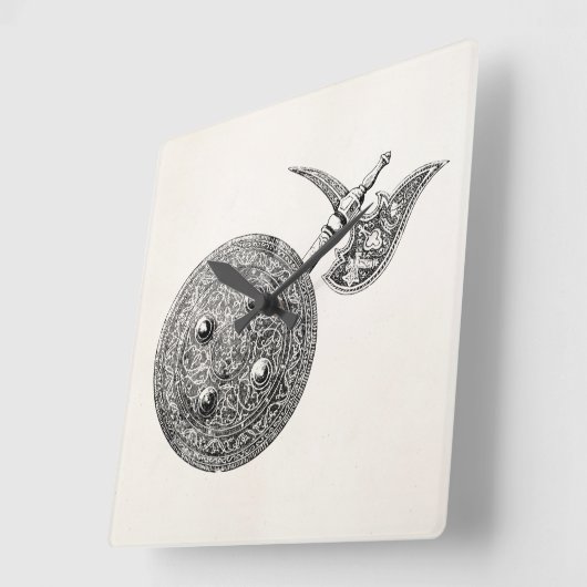 斧の盾の装甲中世武器紋章付き外衣 スクエア壁時計 (傾斜)